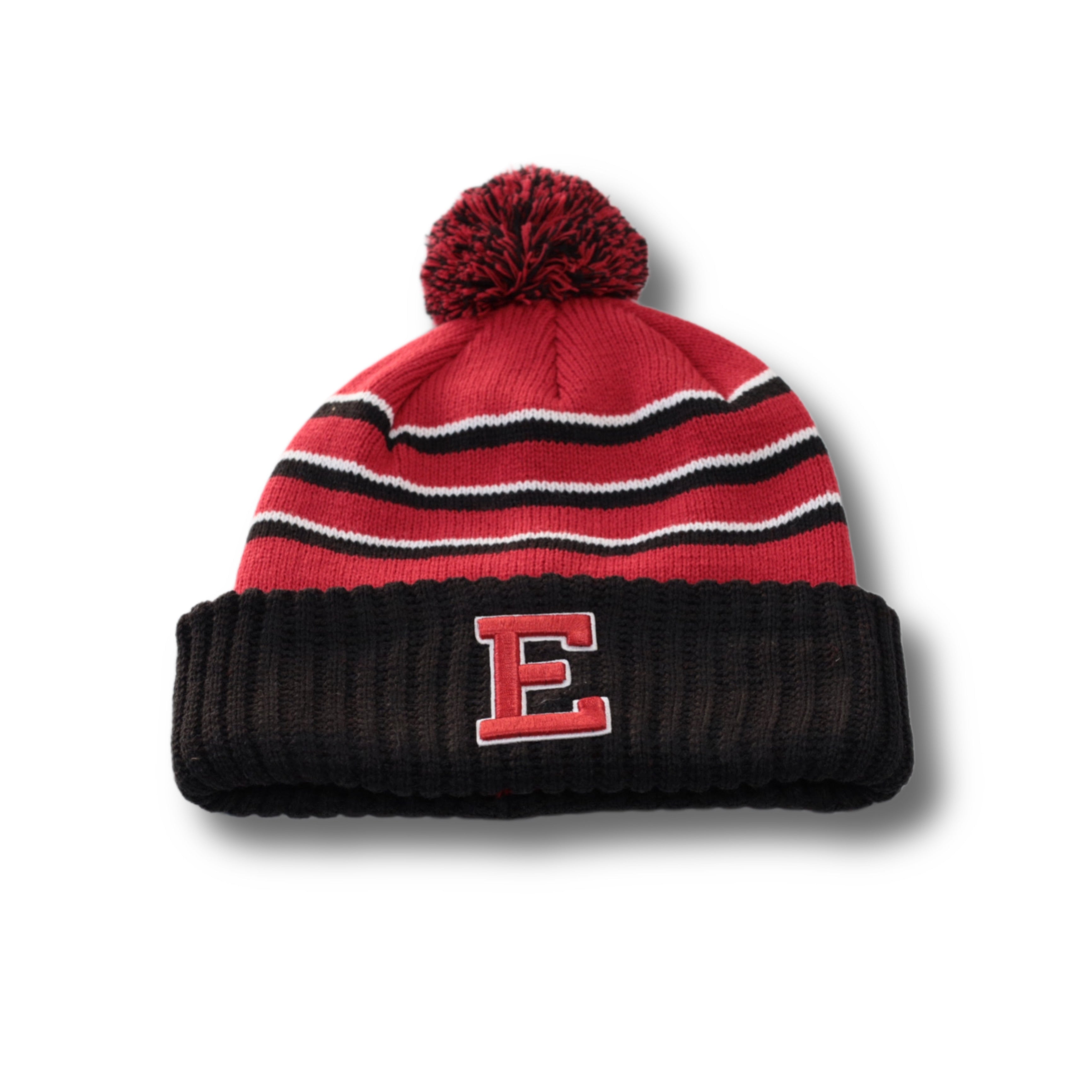 Elite Logo Red/Black Striped Cuffed Pom Knit Hat